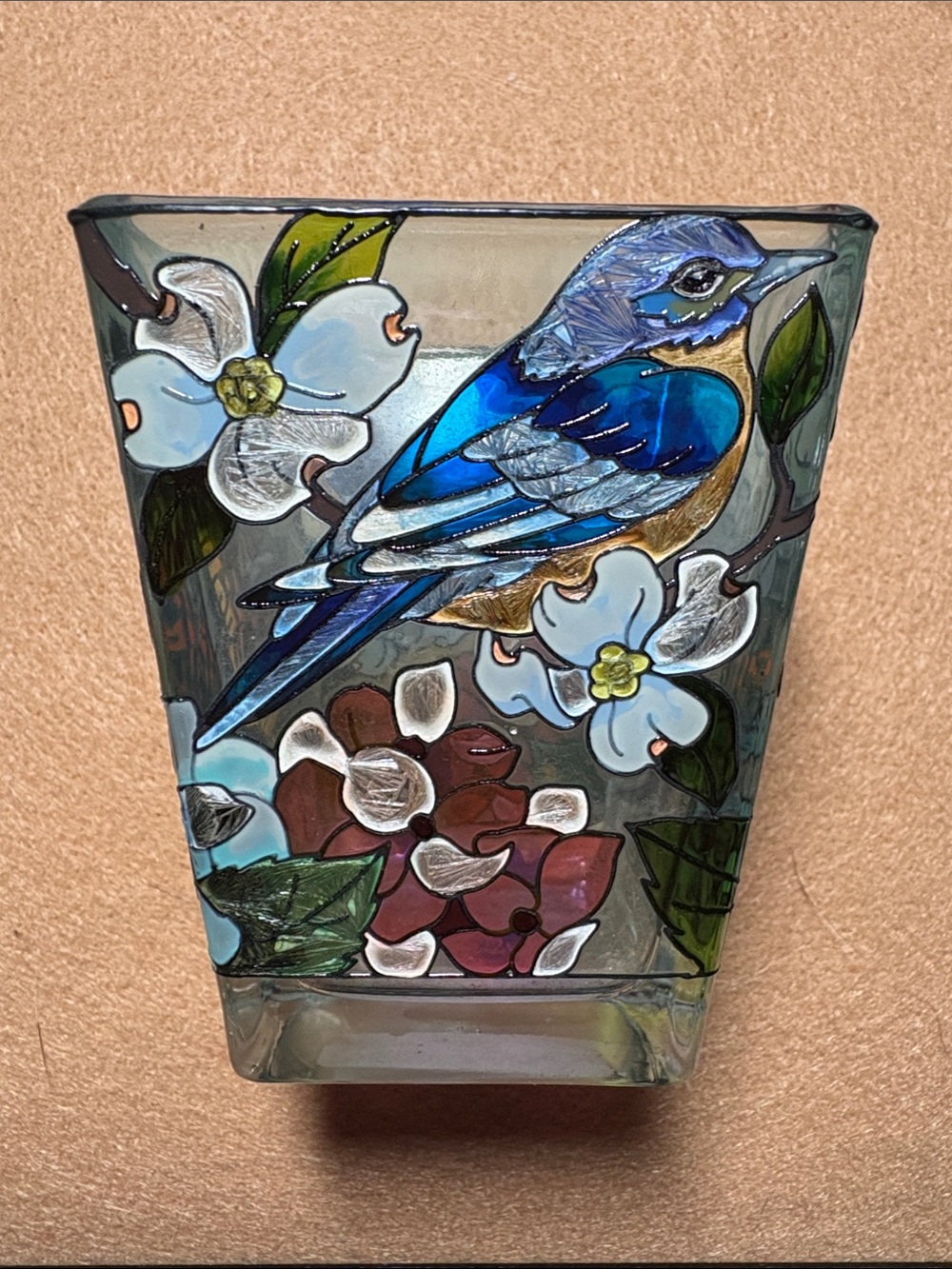 🦋Hand-Painted Blue Bird Glass Votive Cup. Decorative Home Accent.